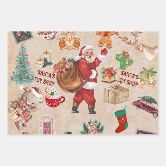 ヴィンテージクリスマスコラージュのデカップージ ラッピングペーパーシート (正面)