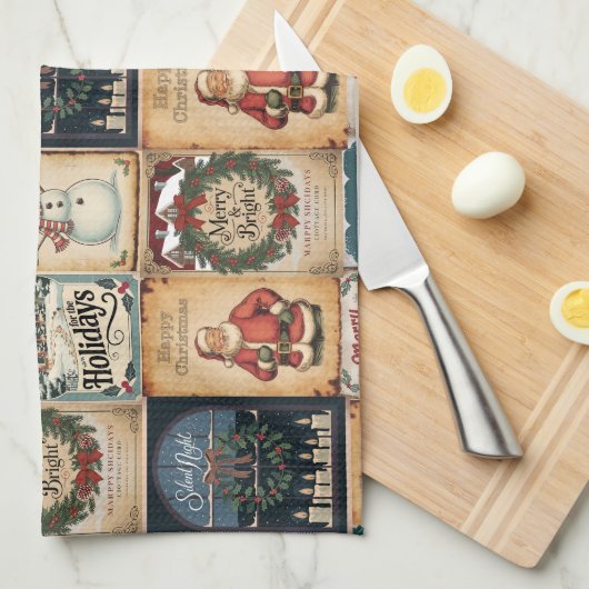 ヴィンテージクリスマスコラージュフェスティバルホリデーキッチン キッチンタオル (四つ折り)