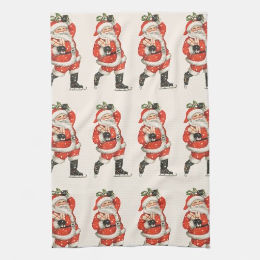 ヴィンテージクリスマスサビクトリアンンタクラウスアイススケーター キッチンタオル (縦)