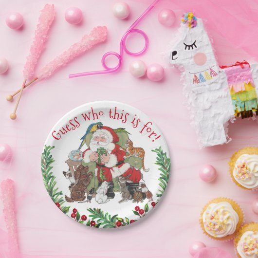 ヴィンテージクリスマスサンタかわいいペットドッグキャットギフト ペーパープレート (パーティー)