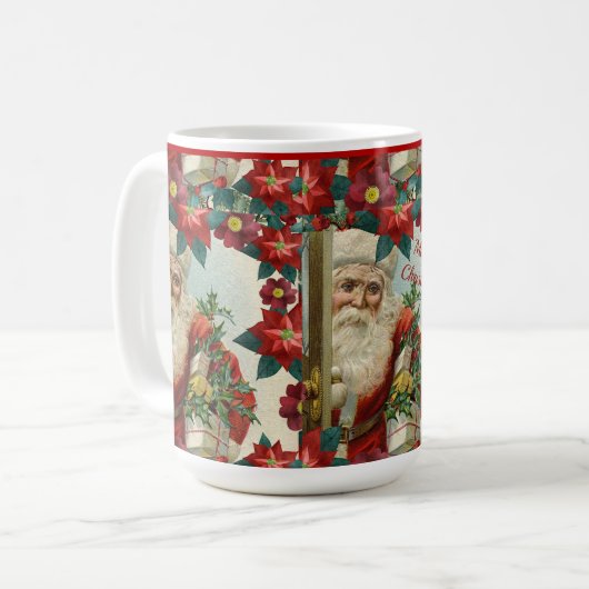 ヴィンテージクリスマスサンタとポインセチアの花 コーヒーマグカップ (正面左)