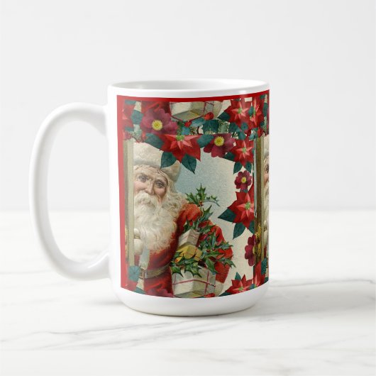 ヴィンテージクリスマスサンタとポインセチアの花 コーヒーマグカップ (左)