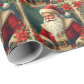 ヴィンテージクリスマスサンタとレッドポインセチア ラッピングペーパー (ロールコーナー)