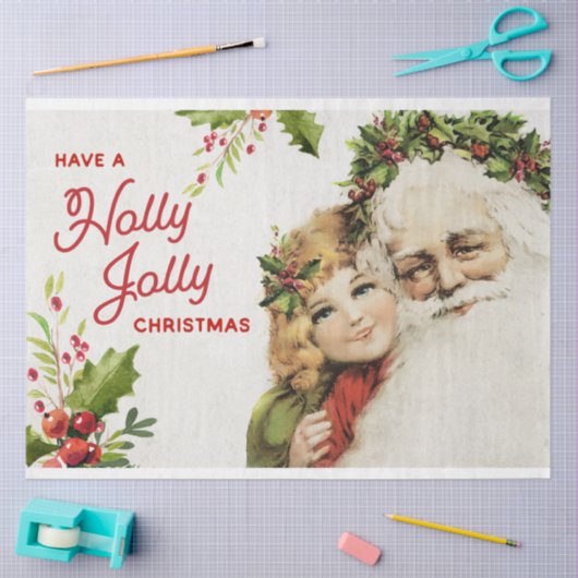 ヴィンテージクリスマスサンタと女の子のデコページ 薄葉紙 (クラフト)