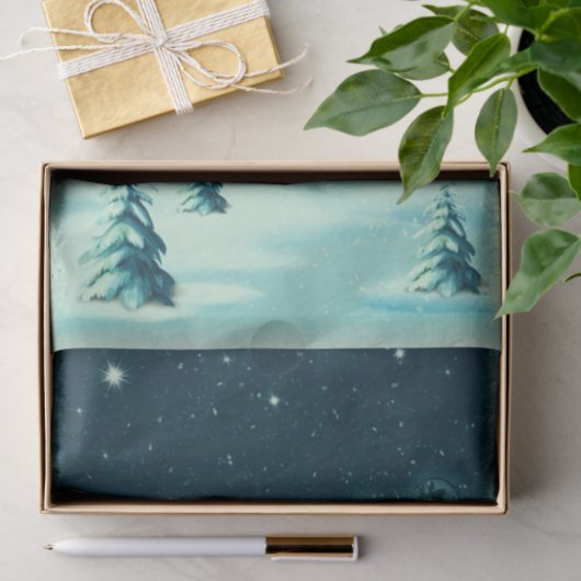 ヴィンテージクリスマスサンタのそりの冬のシーン 薄葉紙 (ギフト)