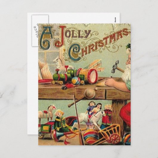 ヴィンテージクリスマスサンタのワークショップおもちゃアートギフト シーズンポストカード (正面/裏面)