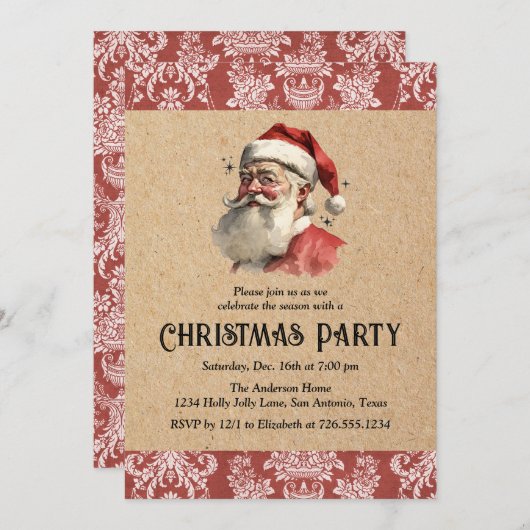 ヴィンテージクリスマスサンタクロスホリデーパーティー 招待状 (正面/裏面)