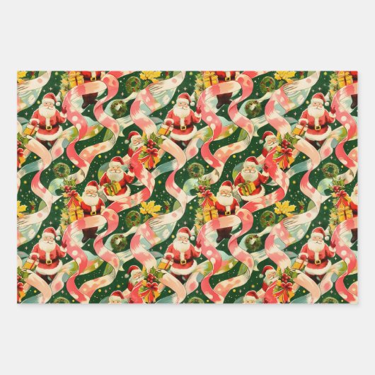 ヴィンテージクリスマスサンタクロースとリボン ラッピングペーパーシート (正面)