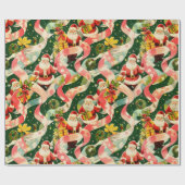 ヴィンテージクリスマスサンタクロースとリボン ラッピングペーパー (フラット)