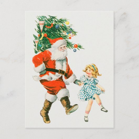 ヴィンテージクリスマスサンタクロースと小さな女の子 シーズンポストカード (正面)