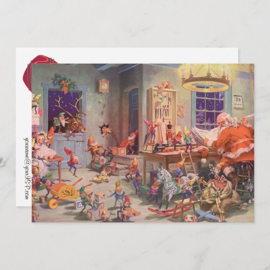 ヴィンテージクリスマスサンタクロースと小妖精や小人招待状 招待状 (正面/裏面)