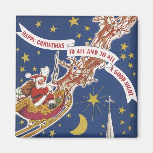 ヴィンテージクリスマスサンタクロースと空飛ぶトナカイ マグネット (正面)