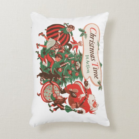 ヴィンテージクリスマスサンタクロースと踊りの子供 アクセントクッション (正面(垂直))