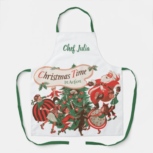ヴィンテージクリスマスサンタクロースと踊りの子供 エプロン (正面)