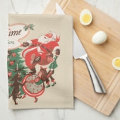 ヴィンテージクリスマスサンタクロースと踊りの子供 キッチンタオル (四つ折り)