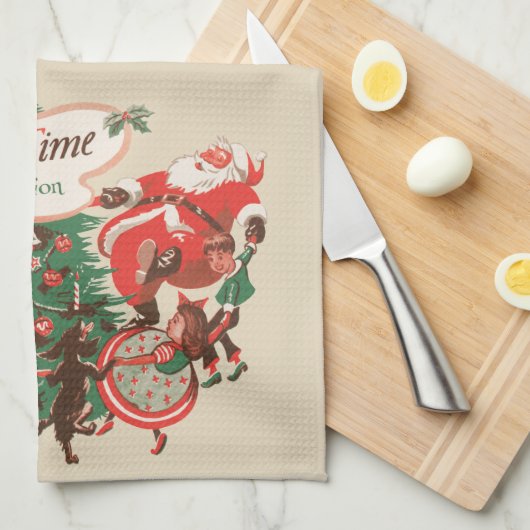 ヴィンテージクリスマスサンタクロースと踊りの子供 キッチンタオル (四つ折り)