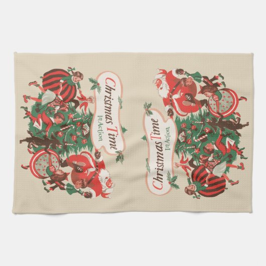 ヴィンテージクリスマスサンタクロースと踊りの子供 キッチンタオル (横)