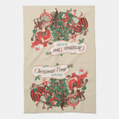 ヴィンテージクリスマスサンタクロースと踊りの子供 キッチンタオル (縦)