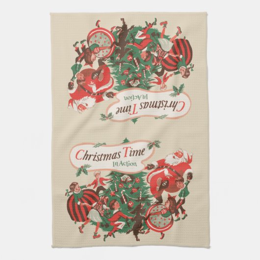 ヴィンテージクリスマスサンタクロースと踊りの子供 キッチンタオル (縦)