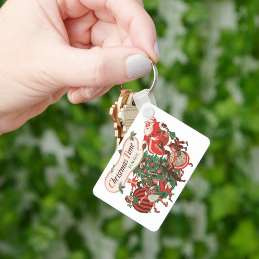 ヴィンテージクリスマスサンタクロースと踊りの子供 キーホルダー (手)