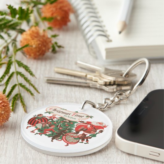 ヴィンテージクリスマスサンタクロースと踊りの子供 キーホルダー (正面右)