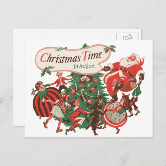 ヴィンテージクリスマスサンタクロースと踊りの子供 シーズンポストカード (正面/裏面)