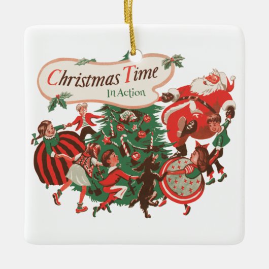 ヴィンテージクリスマスサンタクロースと踊りの子供 セラミックオーナメント (正面)