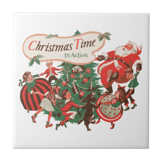 ヴィンテージクリスマスサンタクロースと踊りの子供 タイル (正面)