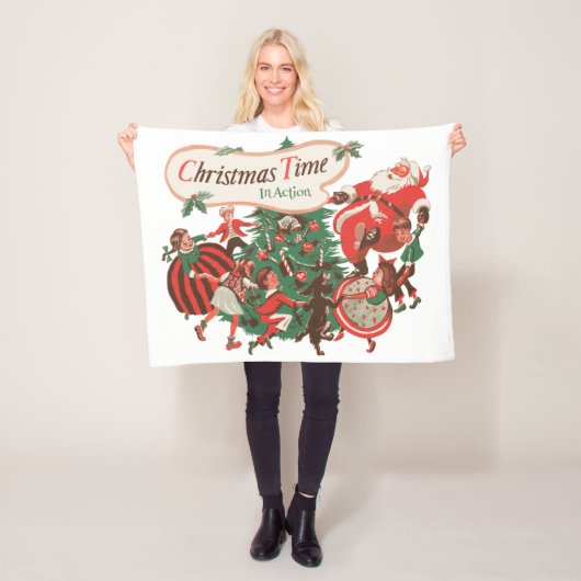 ヴィンテージクリスマスサンタクロースと踊りの子供 フリースブランケット (インサイチュ)