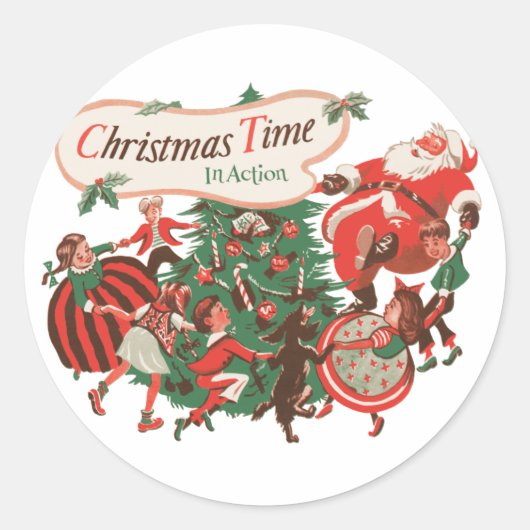 ヴィンテージクリスマスサンタクロースと踊りの子供 ラウンドシール (正面)