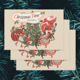 ヴィンテージクリスマスサンタクロースと踊りの子供 ラッピングペーパーシート