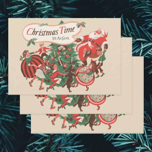 ヴィンテージクリスマスサンタクロースと踊りの子供 ラッピングペーパーシート