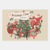 ヴィンテージクリスマスサンタクロースと踊りの子供 ラッピングペーパーシート (正面)