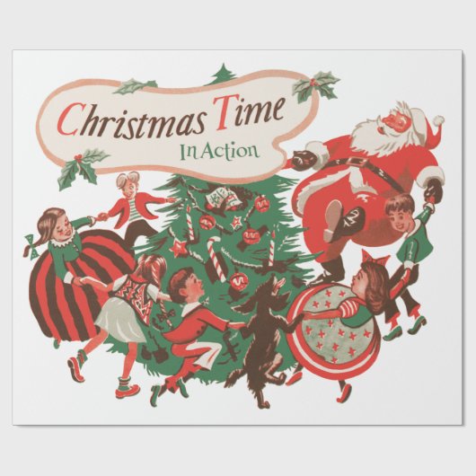 ヴィンテージクリスマスサンタクロースと踊りの子供 ラッピングペーパー (フラット)