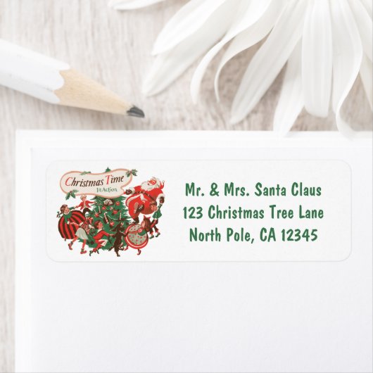 ヴィンテージクリスマスサンタクロースと踊りの子供 ラベル (インサイチュ)