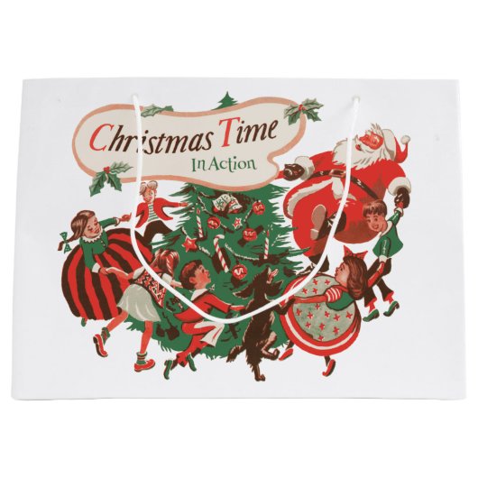 ヴィンテージクリスマスサンタクロースと踊りの子供 ラージペーパーバッグ (正面)