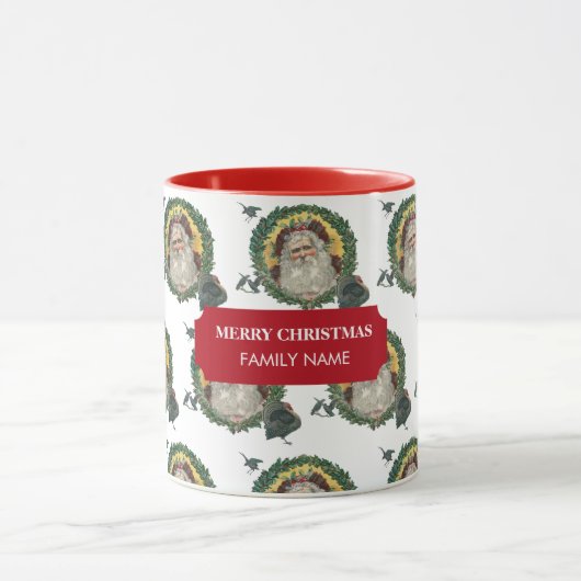 ヴィンテージクリスマスサンタクロースターキーズ名前をカスタムする マグカップ (中央)