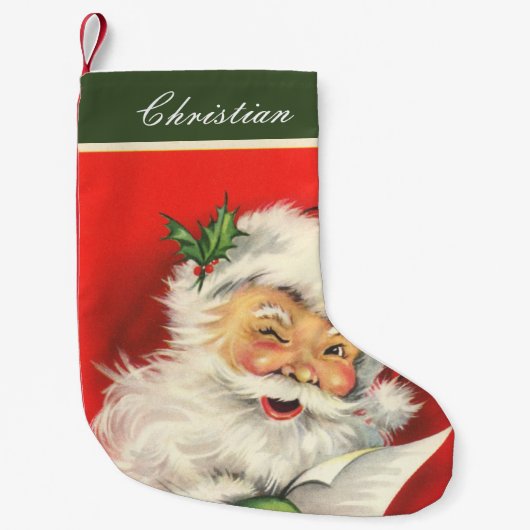 ヴィンテージクリスマスサンタクロースパーソナライズされた スモールクリスマスストッキング (正面)