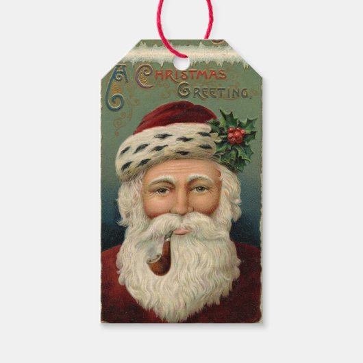 ヴィンテージクリスマスサンタクロースホリーパイプかわいらし ギフトタグ (正面)