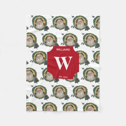 ヴィンテージクリスマスサンタクロースモノグラムのターキー フリースブランケット (正面)