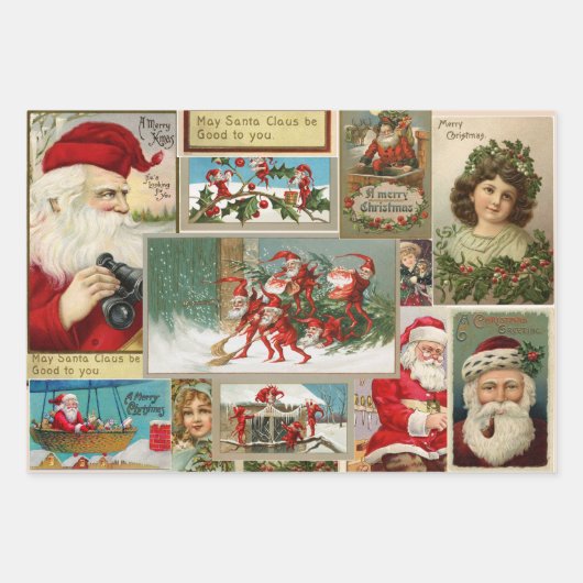 ヴィンテージクリスマスサンタクロース小人ビクトリアンギフト ラッピングペーパーシート (正面3)
