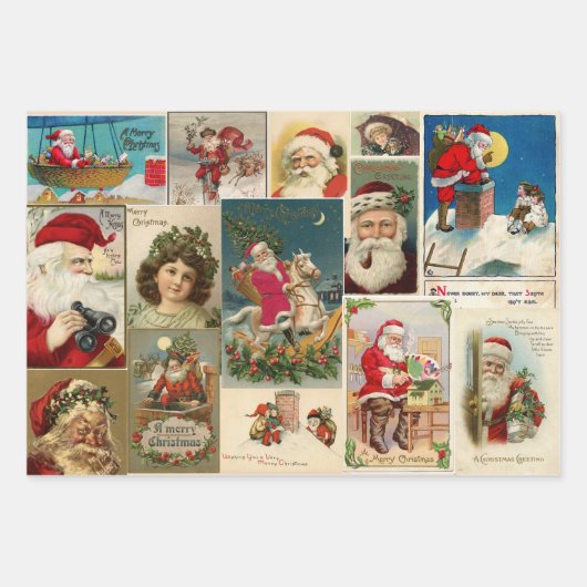 ヴィンテージクリスマスサンタクロース小人ビクトリアンギフト ラッピングペーパーシート (正面2)