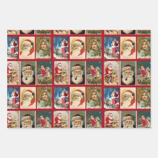 ヴィンテージクリスマスサンタクロース小人ビクトリアンギフト ラッピングペーパーシート (正面)