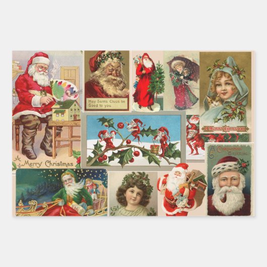 ヴィンテージクリスマスサンタクロース小人ビクトリアンギフト ラッピングペーパーシート (正面3)
