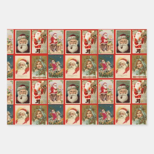 ヴィンテージクリスマスサンタクロース小人ビクトリアンギフト ラッピングペーパーシート (正面)