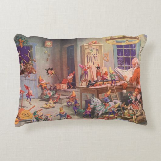 ヴィンテージクリスマスサンタクロース小人ワークショップ アクセントクッション (正面)