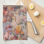 ヴィンテージクリスマスサンタクロース小人ワークショップ キッチンタオル (四つ折り)