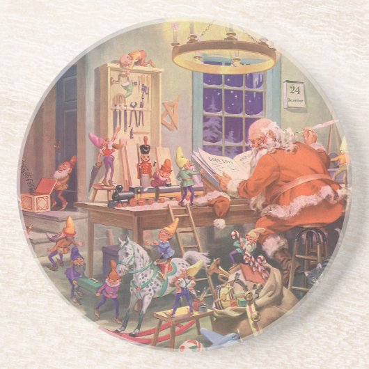 ヴィンテージクリスマスサンタクロース小人ワークショップ コースター (正面)