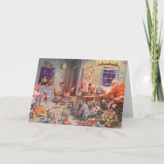 ヴィンテージクリスマスサンタクロース小人ワークショップ シーズンカード (正面)