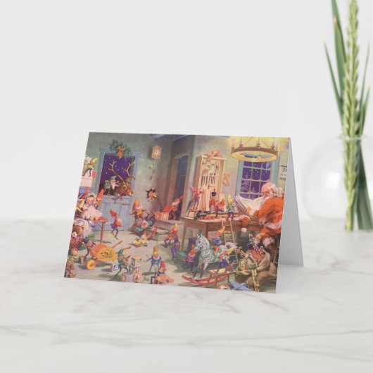 ヴィンテージクリスマスサンタクロース小人ワークショップ シーズンカード (正面)